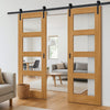 Double Sliding Door & Black Barn Track - Coventry Oak 4 Pane Door - Clear Glass - Prefinished