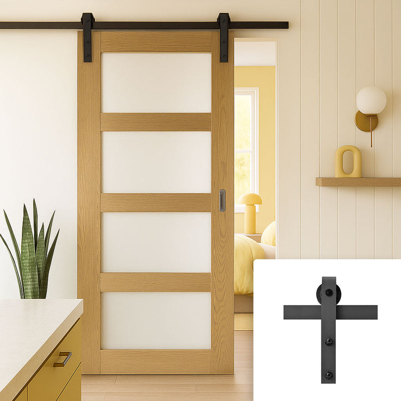 Single Sliding Door & Black Barn Track - Coventry Oak Prefinished Shaker Style Door - Frosted Glass