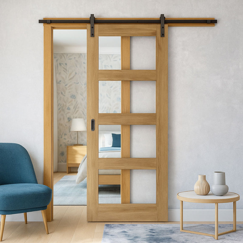 Single Sliding Door & Black Barn Track - Coventry Oak Unfinished Shaker Style Door - Clear Safety Glass