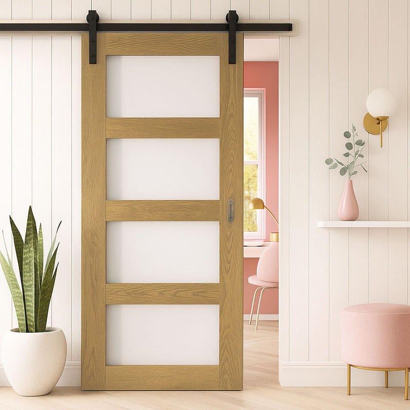 Single Sliding Door & Black Barn Track - Coventry Oak Unfinished Shaker Style Door - Frosted Glass