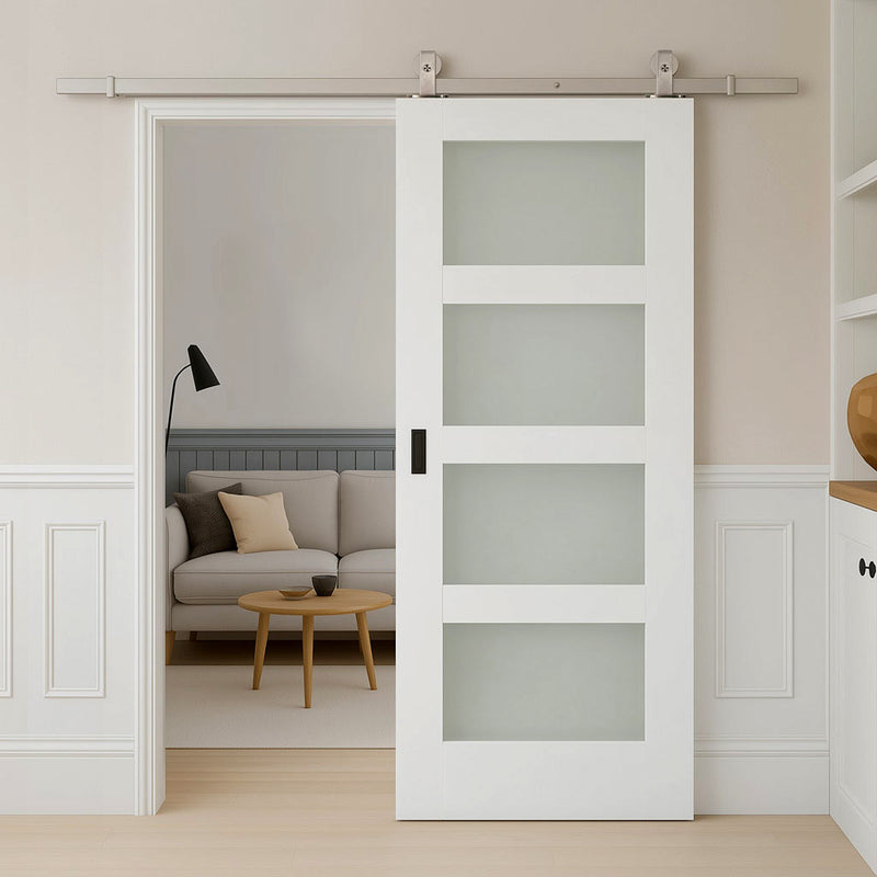 Top Mounted Stainless Steel Sliding Track & Door - Coventry White Primed Shaker Door - Frosted Glass