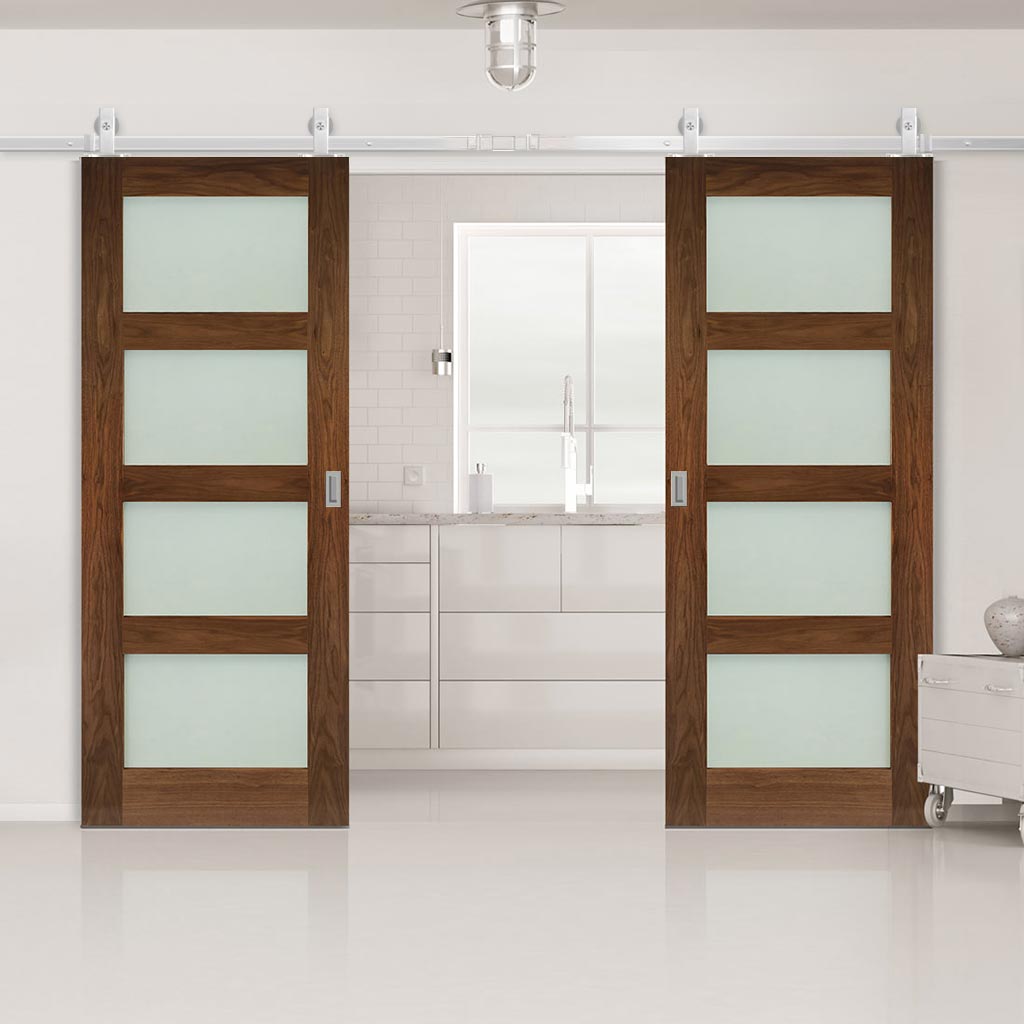 Top Mounted Stainless Steel Sliding Track & Coventry Prefinished Walnut Shaker Style Double Door - Frosted Glass