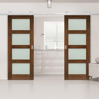 Image: Top Mounted Stainless Steel Sliding Track & Coventry Prefinished Walnut Shaker Style Double Door - Frosted Glass