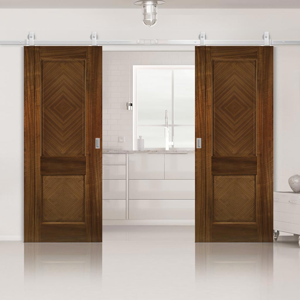 Top Mounted Stainless Steel Sliding Track & Kensington Prefinished Walnut Double Door - 2 Panels