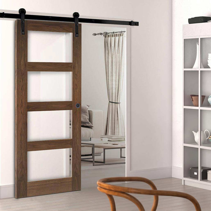 Single Sliding Door & Black Barn Track - Coventry Walnut Prefinished Shaker Style Door - Clear Safety Glass