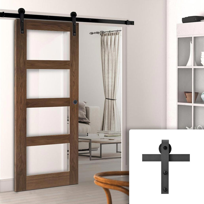 Single Sliding Door & Black Barn Track - Coventry Walnut Prefinished Shaker Style Door - Clear Safety Glass
