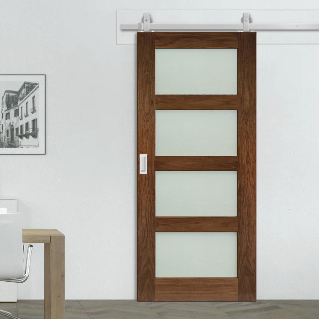 Top Mounted Stainless Steel Sliding Track & Coventry Prefinished Walnut Shaker Style Door - Frosted Glass