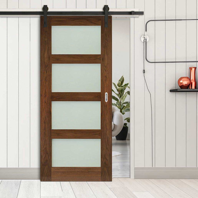 Single Sliding Door & Black Barn Track - Coventry Walnut Prefinished Shaker Style Door - Frosted Glass