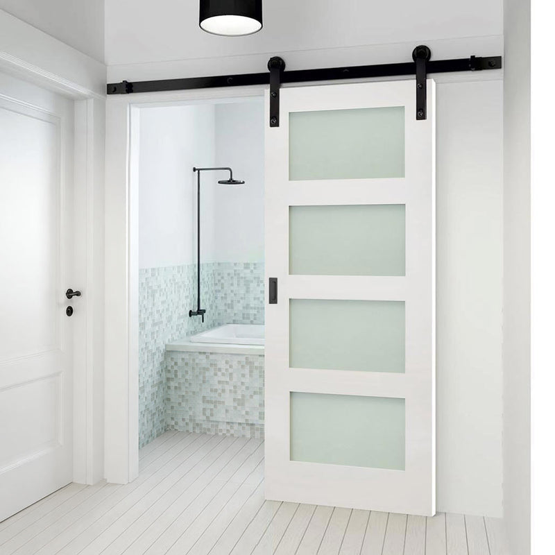 Single Sliding Door & Black Barn Track - Coventry White Primed Shaker Door - Frosted Glass