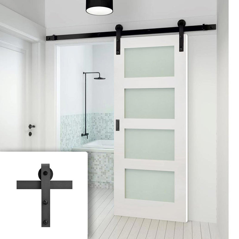 Single Sliding Door & Black Barn Track - Coventry White Primed Shaker Door - Frosted Glass
