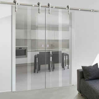 Image: Double Glass Sliding Door - Solaris Tubular Stainless Steel Sliding Track & Crichton 8mm Clear Glass - Obscure Printed Design
