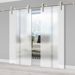 Image: Double Glass Sliding Door - Solaris Tubular Stainless Steel Sliding Track & Crichton 8mm Obscure Glass - Clear Printed Design