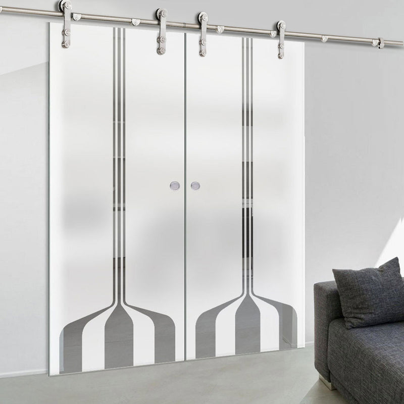 Double Glass Sliding Door - Solaris Tubular Stainless Steel Sliding Track & Crombie 8mm Obscure Glass - Clear Printed Design