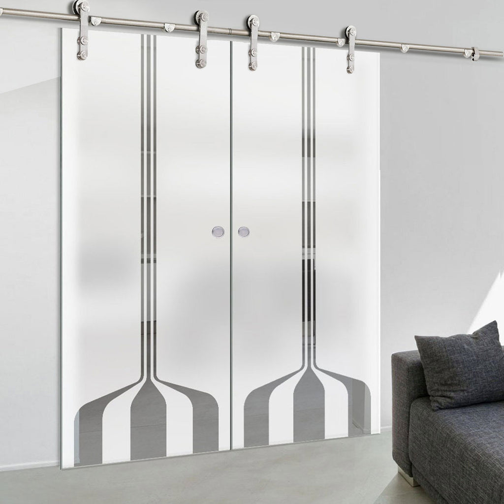Double Glass Sliding Door - Solaris Tubular Stainless Steel Sliding Track & Crombie 8mm Obscure Glass - Clear Printed Design