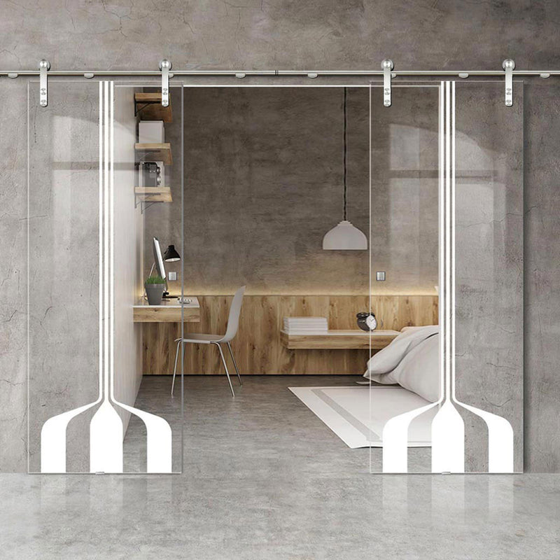 Double Glass Sliding Door - Solaris Tubular Stainless Steel Sliding Track & Crombie 8mm Clear Glass - Obscure Printed Design