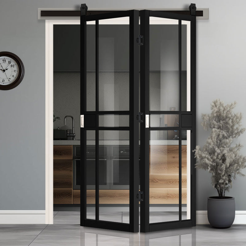 SpaceEasi Top Mounted Black Folding Track & Double Door - Dalston Black Door - Prefinished - Clear Glass - Urban Collection