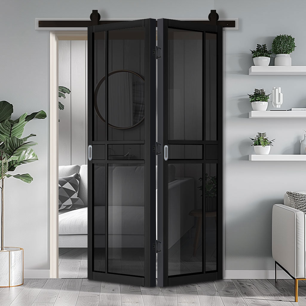 SpaceEasi Top Mounted Black Folding Track & Double Door - Dalston Black Door - Prefinished - Tinted Glass - Urban Collection