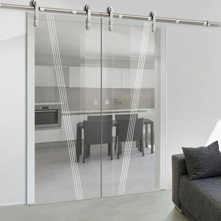 Image: Double Glass Sliding Door - Solaris Tubular Stainless Steel Sliding Track & Dean 8mm Clear Glass - Obscure Printed Design
