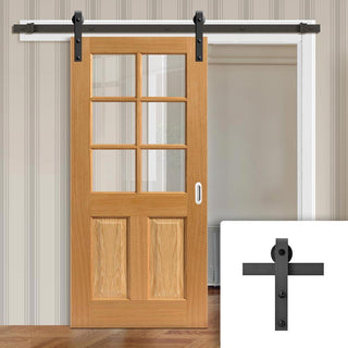 Image: Single Sliding Door & Black Barn Track - Dean Oak Door - Clear Glass - Prefinished