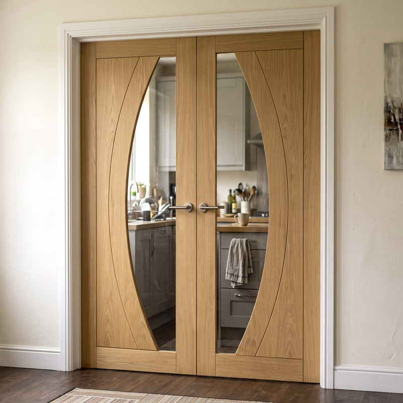 Ravello Oak Internal Door Pair - Clear Glass - Prefinished