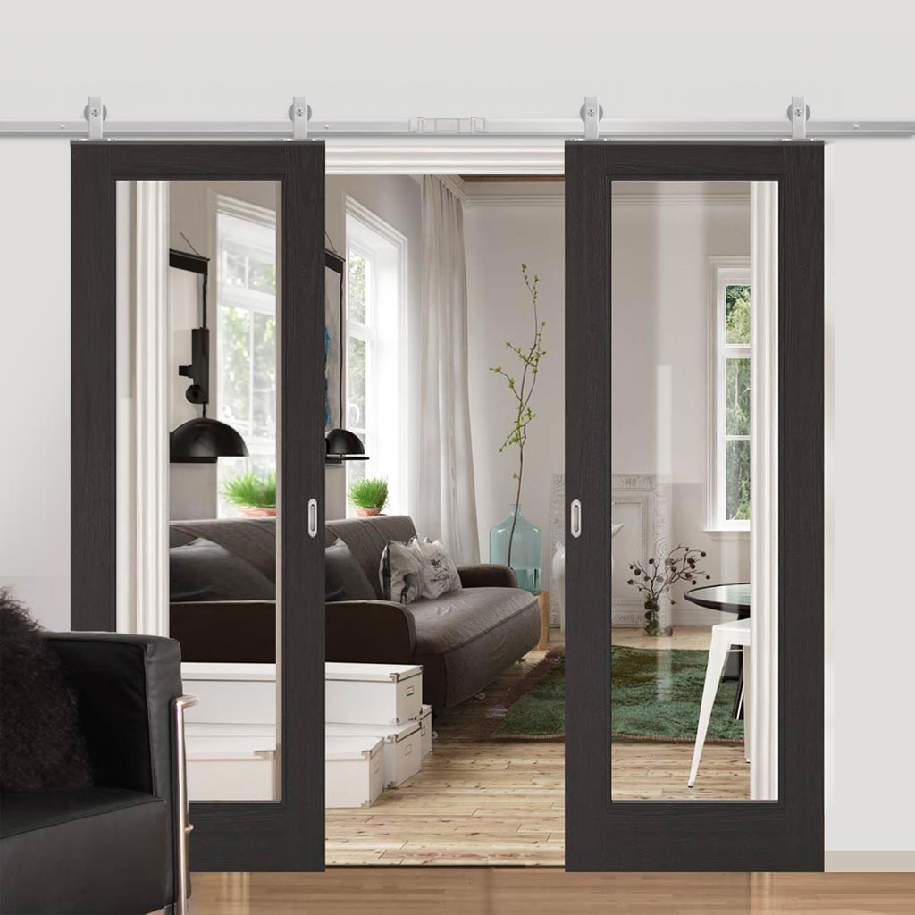 Top Mounted Stainless Steel Sliding Track & Double Door - Diez Charcoal Black 1L Doors - Raised Mouldings - Clear Glass - Prefinished