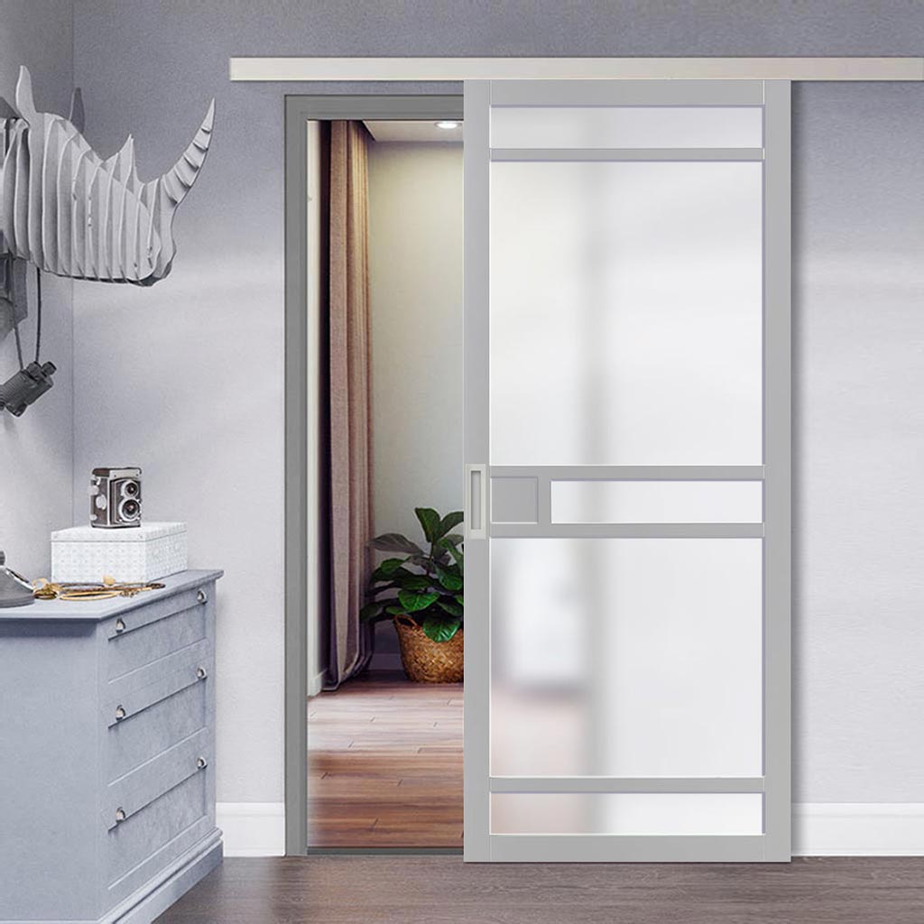 Single Sliding Door & Premium Wall Track - Eco-Urban® Sheffield 5 Pane Door DD6312SG - Frosted Glass - 6 Colour Options