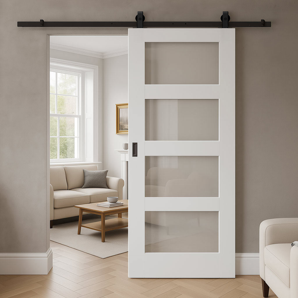 Top Mounted Sliding Track & Door - Coventry White Primed Shaker Door - Clear Glass