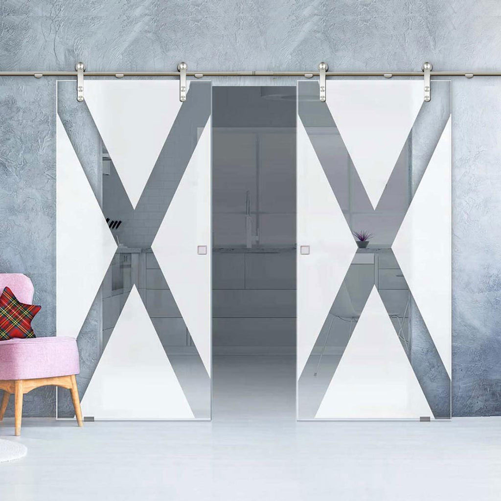 Double Glass Sliding Door - Solaris Tubular Stainless Steel Sliding Track & The Saltire Flag  8mm Obscure Glass - Clear Printed Design