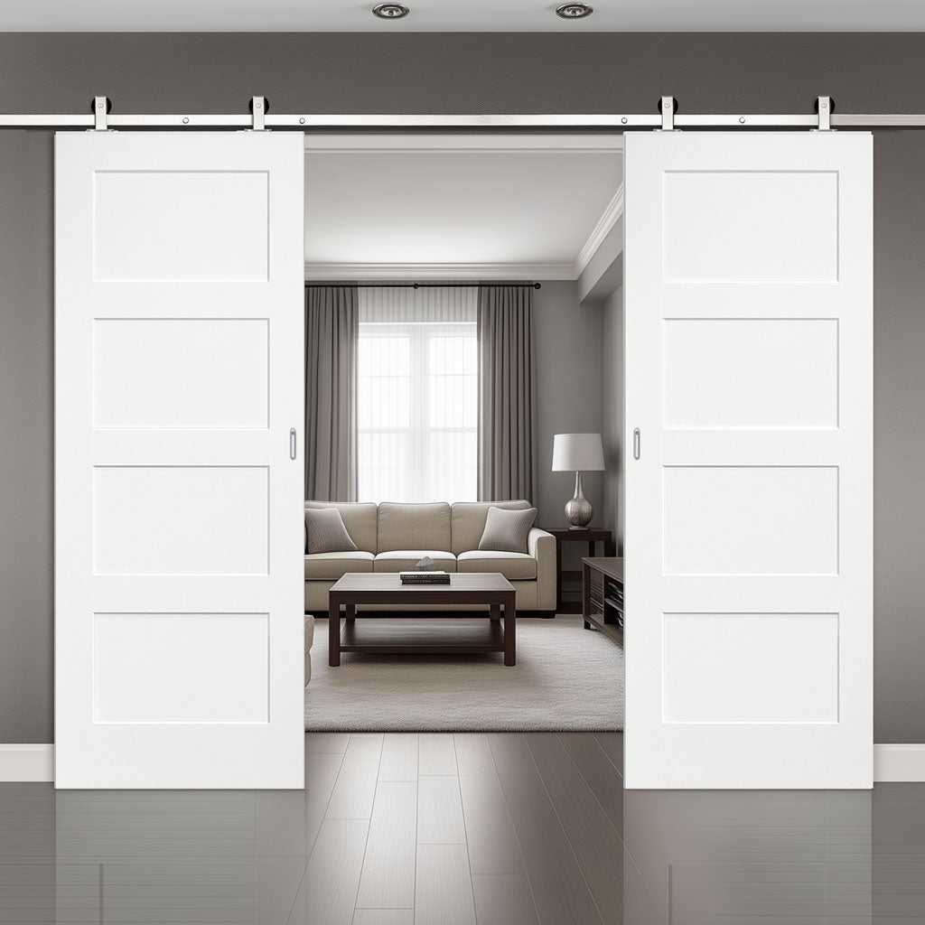 Top Mounted Stainless Steel Sliding Track & Double Door - Coventry White Primed Shaker Door
