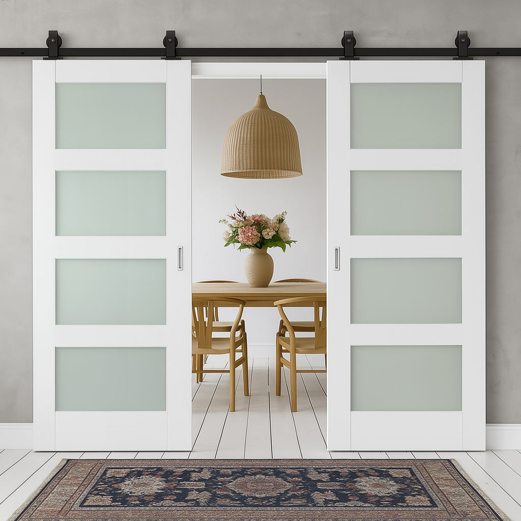 Top Mounted Sliding Track & Double Door - Coventry White Primed Shaker Door - Obscure Glass