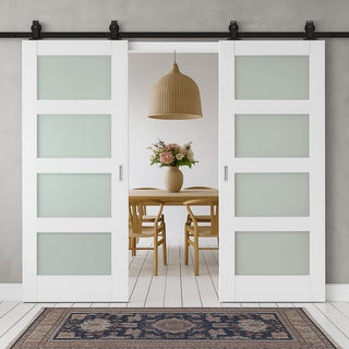 Image: Top Mounted Sliding Track & Double Door - Coventry White Primed Shaker Door - Obscure Glass