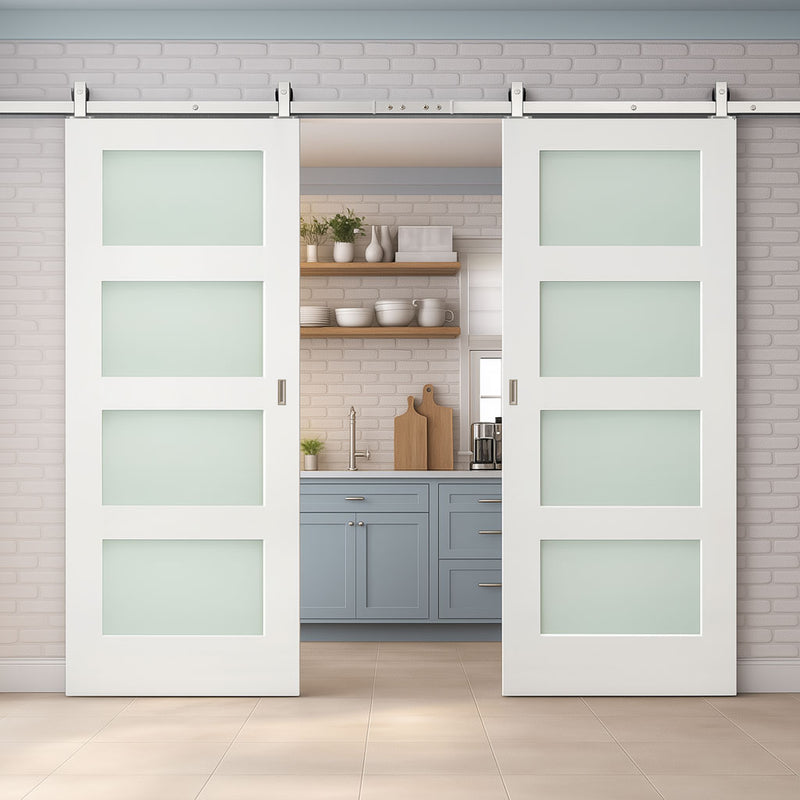 Top Mounted Stainless Steel Sliding Track & Double Door - Coventry White Primed Shaker Door - Opaque Glass