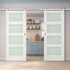 Top Mounted Stainless Steel Sliding Track & Double Door - Coventry White Primed Shaker Door - Opaque Glass