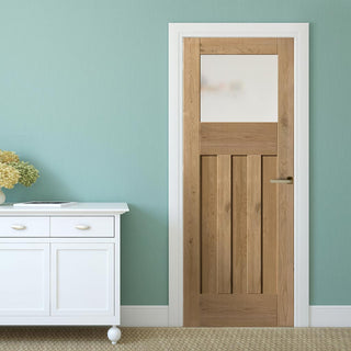 Image: J B Kind Rustic Oak 1930 DX Shaker Internal Door - Obscure Glass - Prefinished