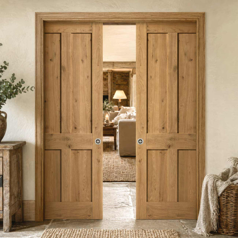 Rustic Oak Shaker 4 Panel Double Evokit Pocket Doors - Prefinished