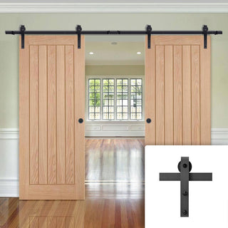 Image: Double Sliding Door & Black Barn Track - Belize Oak Door - Unfinished