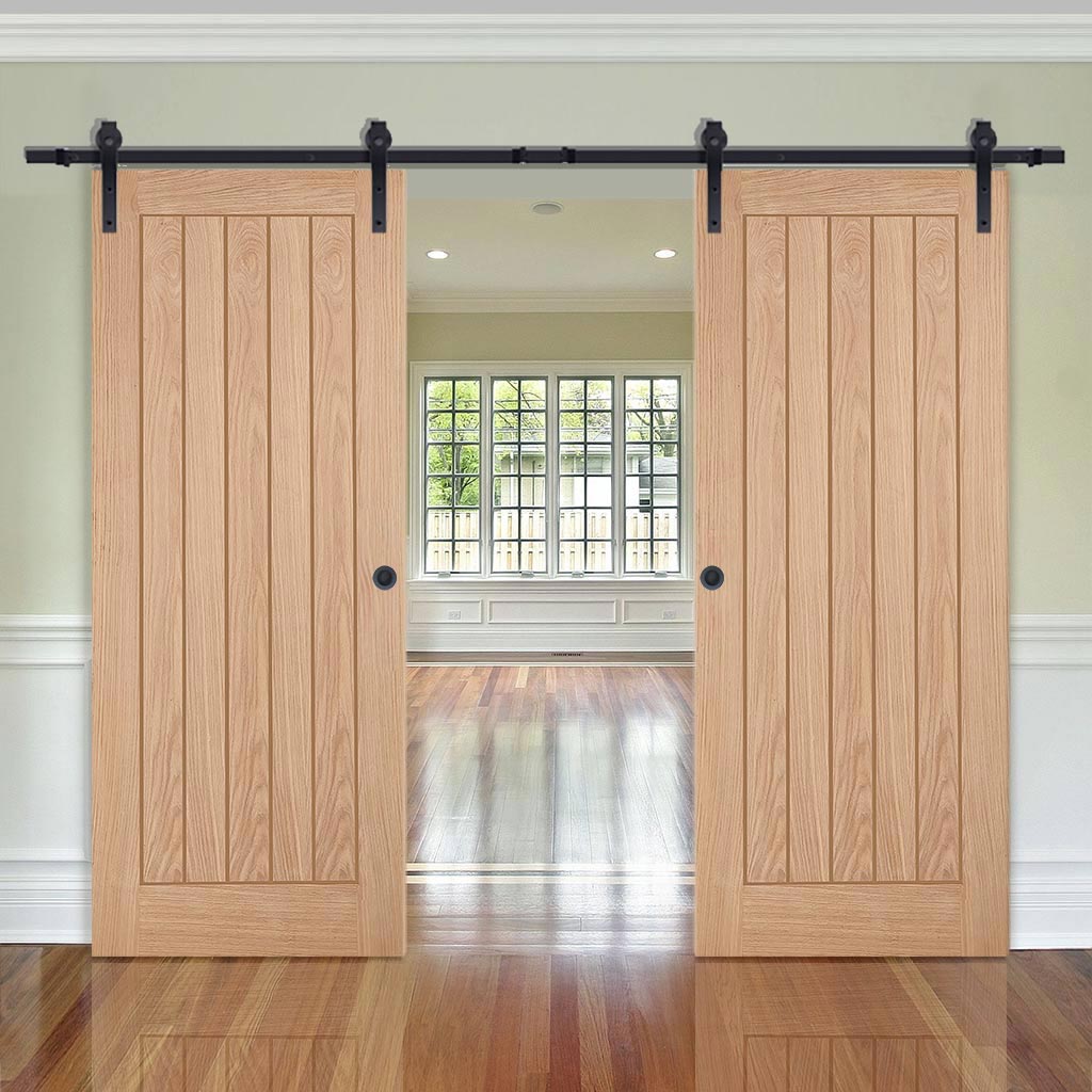 Double Sliding Door & Black Barn Track - Belize Oak Door - Unfinished