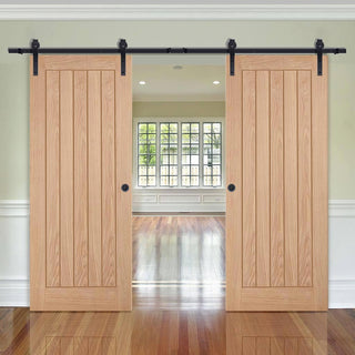 Image: Double Sliding Door & Black Barn Track - Belize Oak Door - Unfinished