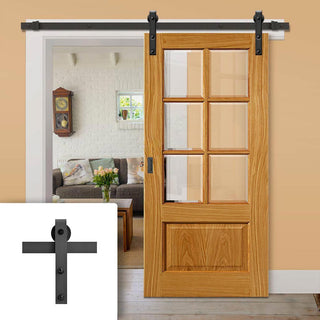 Image: Single Sliding Door & Black Barn Track - Dove Oak Door - Clear Glass