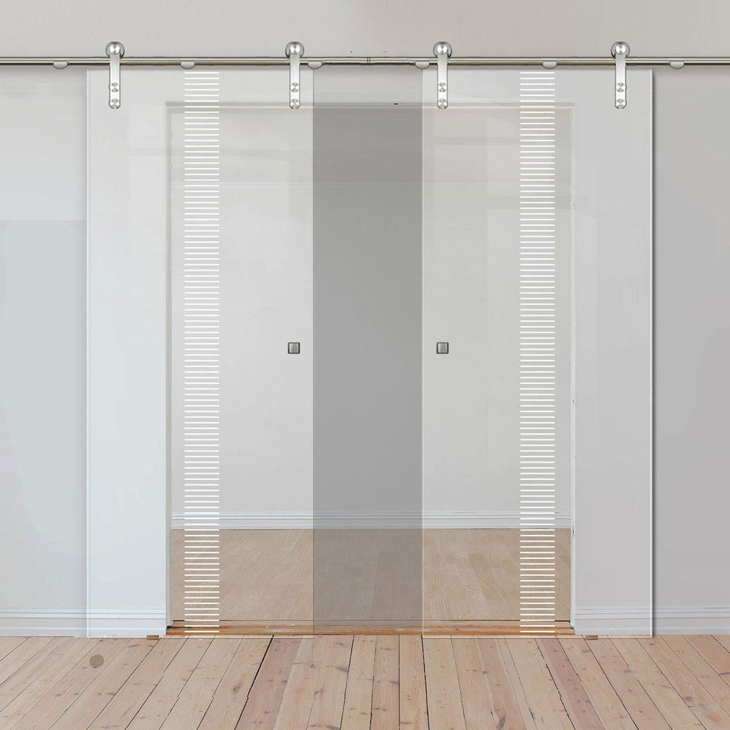Double Glass Sliding Door - Solaris Tubular Stainless Steel Sliding Track & Duns 8mm Clear Glass - Obscure Printed Design