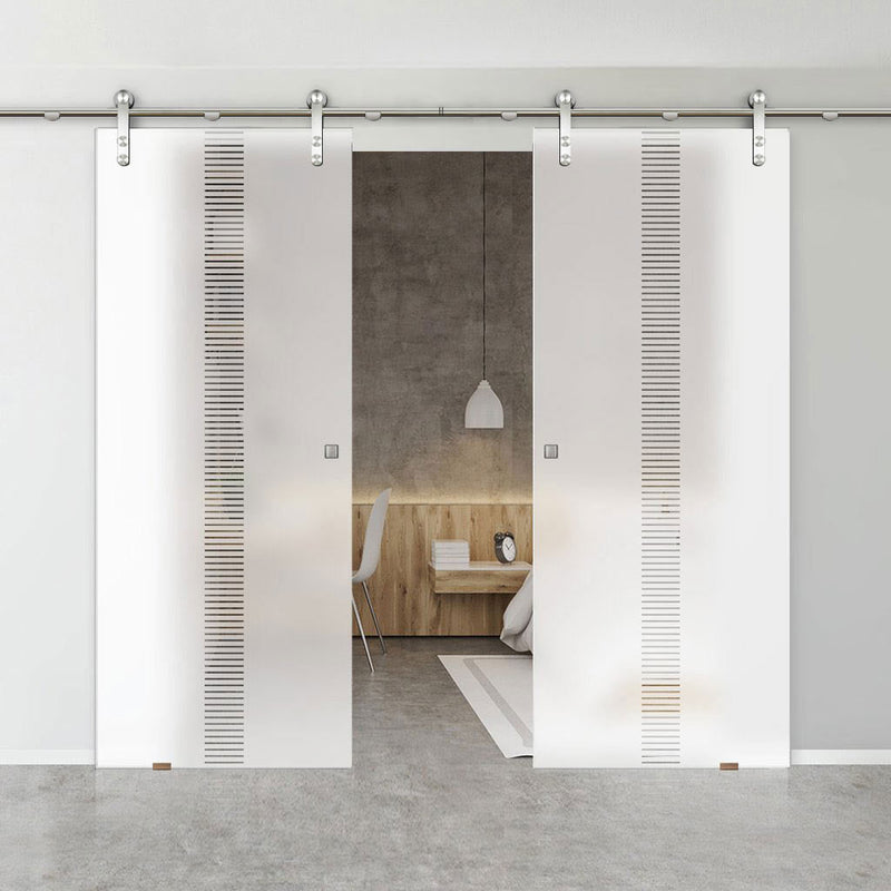 Double Glass Sliding Door - Solaris Tubular Stainless Steel Sliding Track & Duns 8mm Obscure Glass - Clear Printed Design