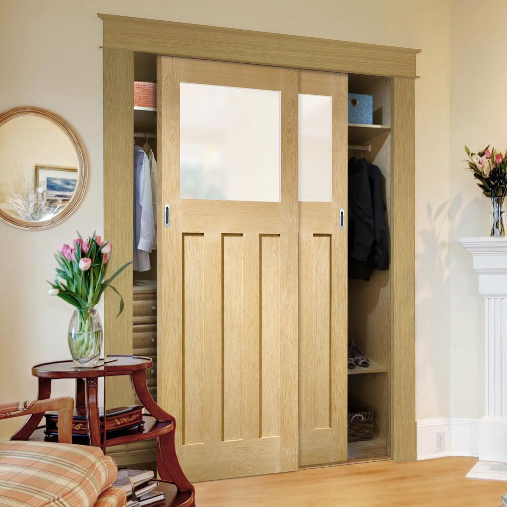 Minimalist Wardrobe Door & Frame Kit - Two DX Oak Door - Obscure Glass - 1930's Style