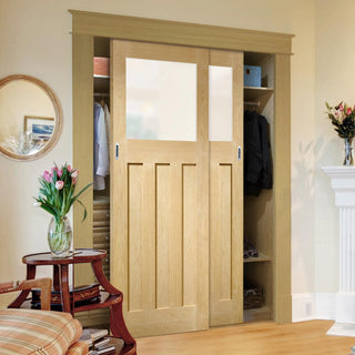 Image: Minimalist Wardrobe Door & Frame Kit - Two DX Oak Door - Obscure Glass - 1930's Style