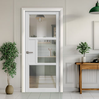 Image: EasiKit Internal Door and Frame Kit - Breda 3 Pane 1 Panel Solid Wood Internal Door - Premium Primed - Colour & Glass Options