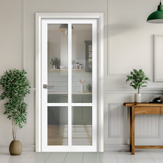 Image: EasiKit Internal Door and Frame Kit - Bronx 4 Pane Solid Wood Internal Door - Premium Primed - Colour & Glass Options