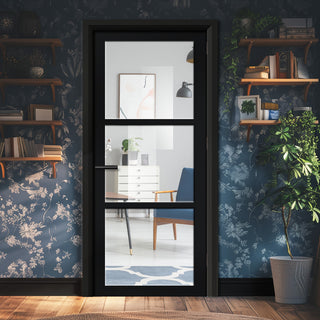 Image: EasiKit Internal Door and Frame Kit - Manchester 3 Pane Solid Wood Internal Door - Premium Primed - Colour & Glass Options