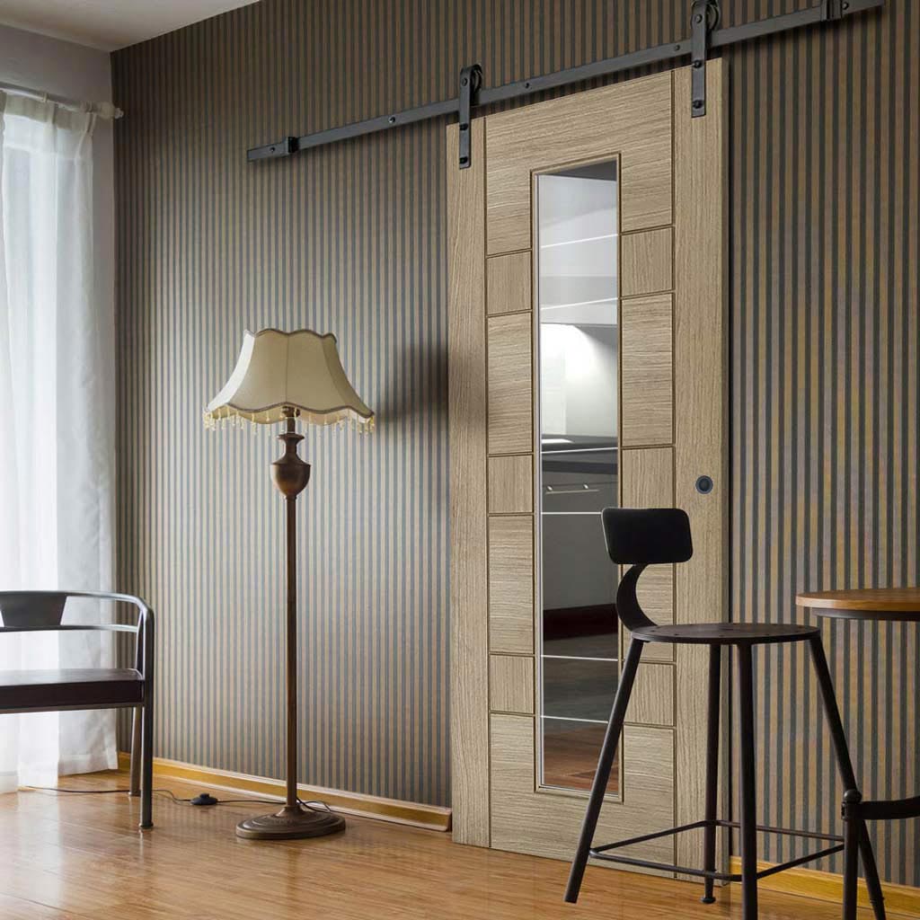 Single Sliding Door & Black Barn Track - Edmonton Light Grey Door - Clear Glass with Frosted Lines - Prefinished