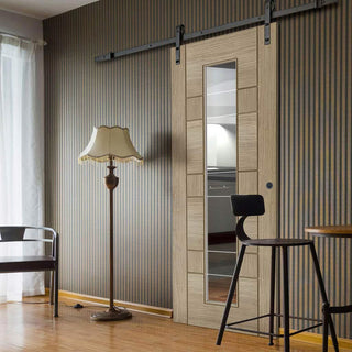 Image: Single Sliding Door & Black Barn Track - Edmonton Light Grey Door - Clear Glass with Frosted Lines - Prefinished
