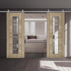 Top Mounted Stainless Steel Sliding Track & Double Door - Edmonton Light Grey Doors - Clear Glass with Frosted Lines - Prefinished