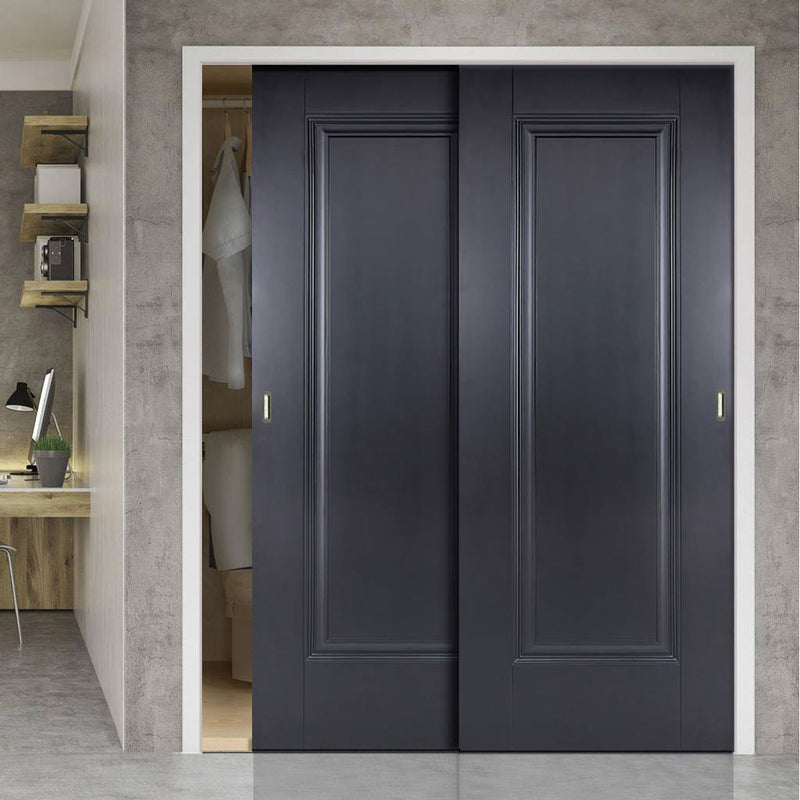 Minimalist Wardrobe Door & Frame Kit - Two Eindhoven 1 Panel Black Primed Doors - Unfinished